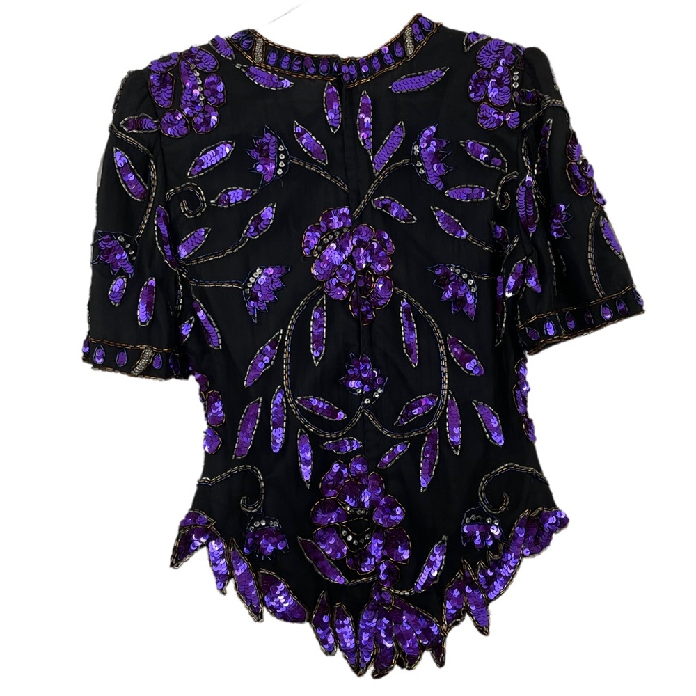 VINTAGE by Laurence Kazar NY Purple Sequined & Beaded Shirt Mega Shoulder Pads - Picture 2 of 10